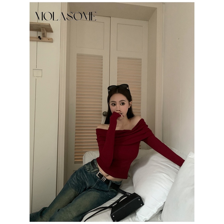 Polaroisome Áo Thun Tay Dài Trễ Vai Ôm Dáng Màu Trơn Thời Trang Cho Nữ 2023