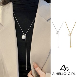 Ahellogirl Vòng cổ Dài Bằng Thép Titan Đính Ngọc Trai Có Thể Điều Chỉnh Phong Cách Hàn Quốc