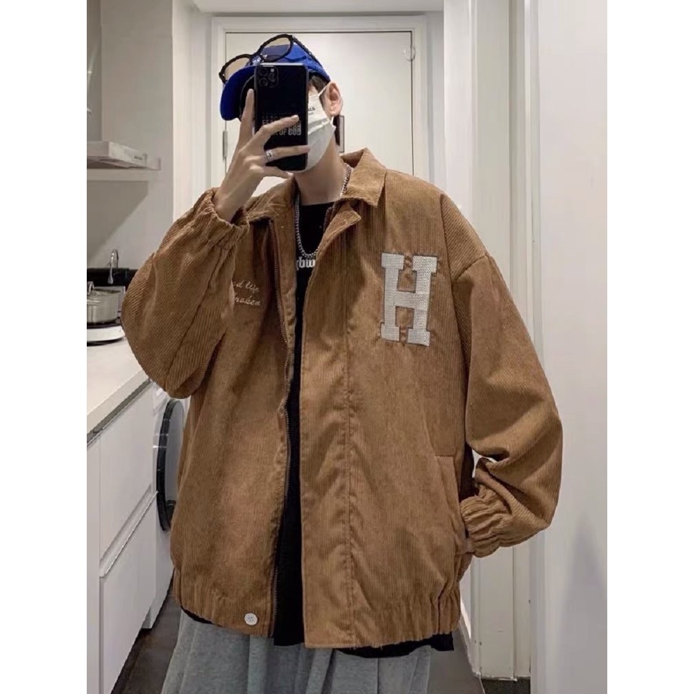 Áo khoác bomber nhung tăm thêu chữ H , phối màu basic đơn giản unisex EB016 Meme
