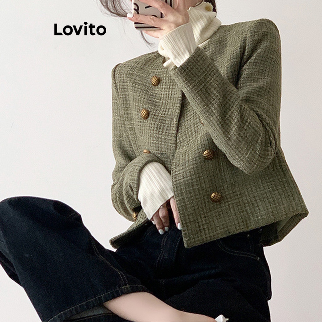 Áo blazer Lovito phối túi cài nút đôi màu trơn thường ngày cho nữ LNA16055
