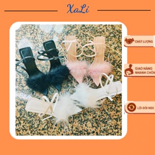 Giày Lông Vũ Mũi Nhọn Tiểu Thư Dễ Thương Guốc Cao 7cm Đi Tiệc Sandal Hở Gót Chất Da Lì Hàng Đẹp Mang Êm Chân - CGLV