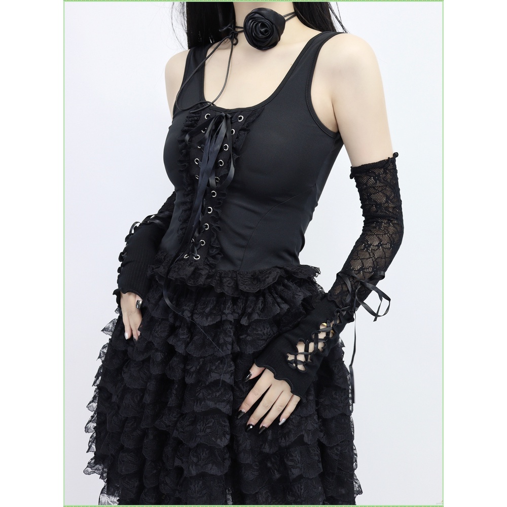 Găng Tay Lưới Hở Ngón Màu Đen Phong Cách lolita jk y2k