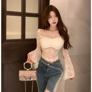 Áo kiểu tay loe dài cổ vuông phối ren thời trang mùa thu cho nữ