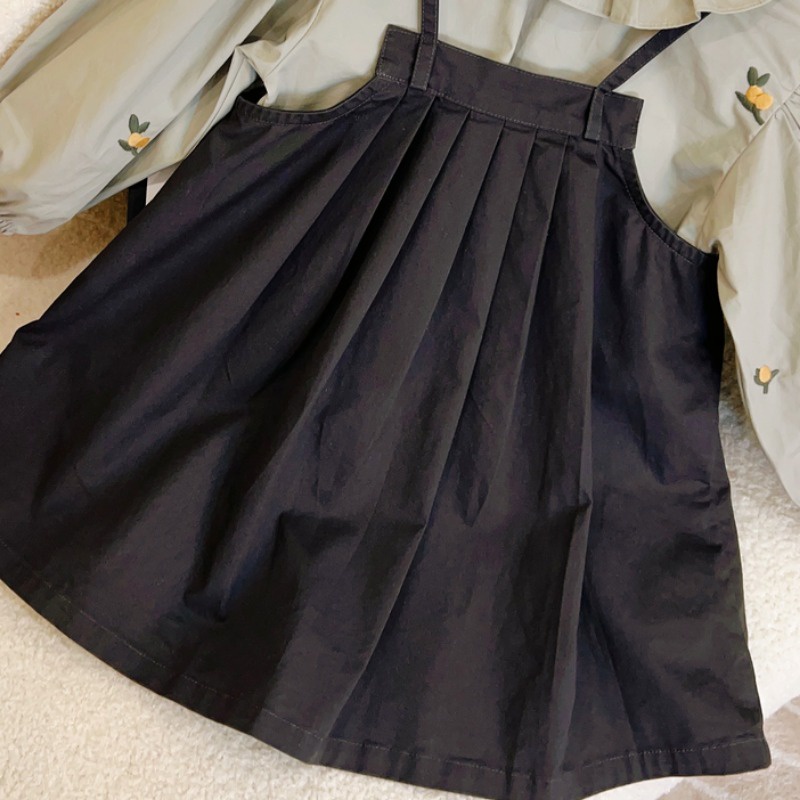 Set Áo Sơ Mi Cổ Búp Bê Kèm Váy Yếm Xinh Xắn Cho Bé Gái