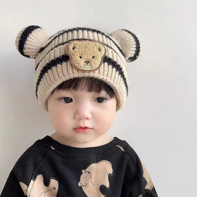 Mũ Len Dệt Kim Giữ Ấm Tai Chống Gió Hình Gấu Dễ Thương Phong Cách Hàn Quốc Cho Bé Trai Và Gái