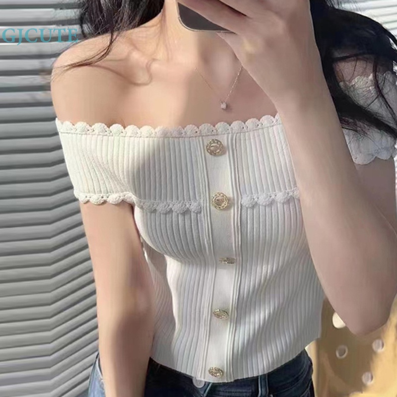 Áo Croptop Dệt Kim Tay Ngắn Trễ Vai Phối Ren Đính Nút Phong Cách Hàn Quốc Thời Trang Mùa Hè Cho Nữ