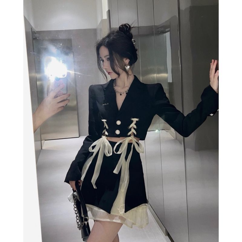 Bộ Áo Vest Thắt Nơ Phối Chân Váy Lưới Ruy Băng Thời Trang Mùa Thu Cho Nữ