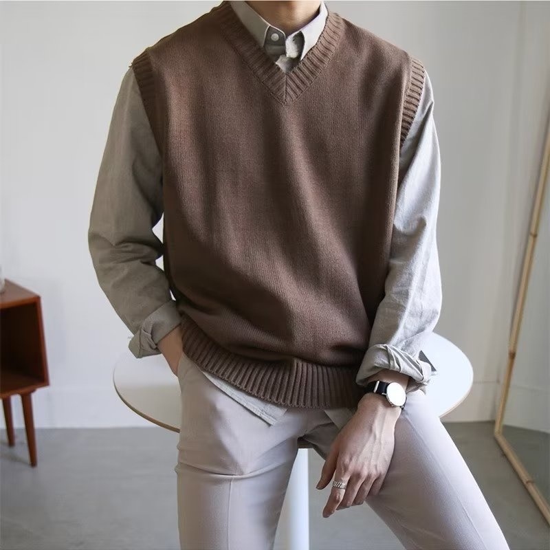 【4 Màu】Áo len nam không tay cổ chữ v thời trang mùa thu giản dị dành cho nam Áo sweater dệt kim form dáng rộng dài tay unisex áo len oversize màu đen trắng nam nữ phong cách hàn quốc