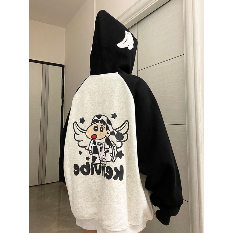 Áo Khoác cardigan Có Nón Tay Dài Dáng Rộng In Hình Cậu Bé Bút Chì Shin xiaoxin Thời Trang Mùa Thu Cho Cặp Đôi