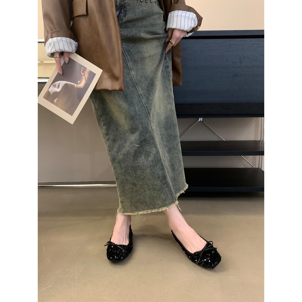 Giày Búp Bê mary jane Đế Bằng Đính Kim Sa Lấp Lánh Phong Cách retro Pháp Cho Nữ