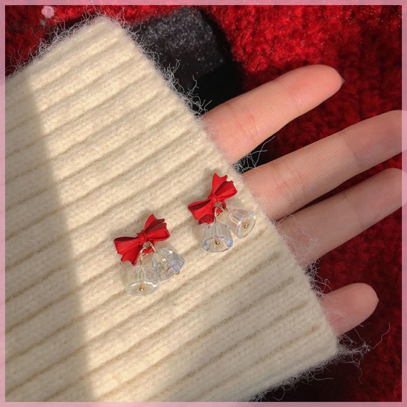 Bông Tai Pha Lê Nơ Đỏ Giáng Sinh Cao Cấp Thời Trang Thu Đông Mới