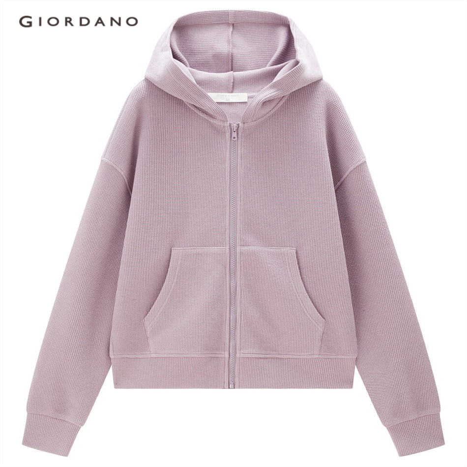 GIORDANO WOMEN Waffle zip front loose short hoodie 05373099