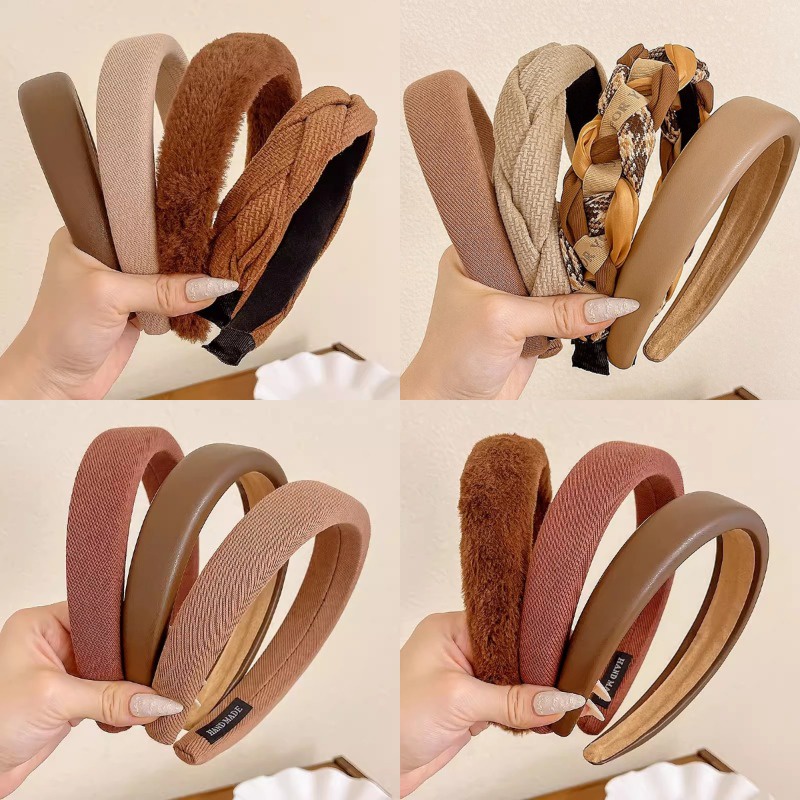 Băng Đô Cài Tóc Bản Rộng Màu Nâu Cà Phê Thời Trang Thu Đông Hàn Quốc