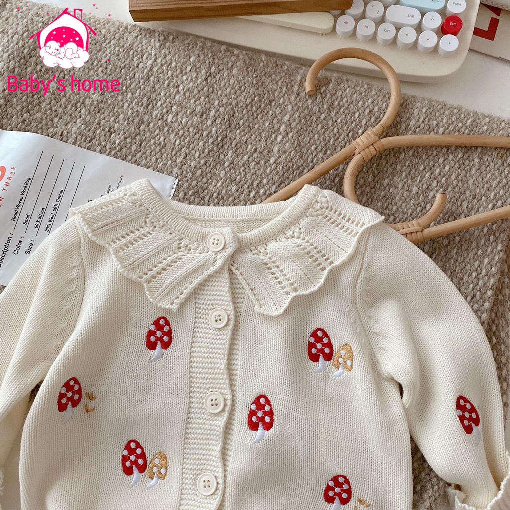 Áo khoác len carigan dệt kim tay hoạ tiết nấm cho bé từ 9-21kg
