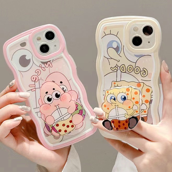 DBW| Ốp lưng Đối với iPhone 6 6S 7 8 Plus X Xr Xs Max 11 12 13 14 15 Pro Max Soft Cute SpongeBob Patrick Star Wave Edge Case With Holder