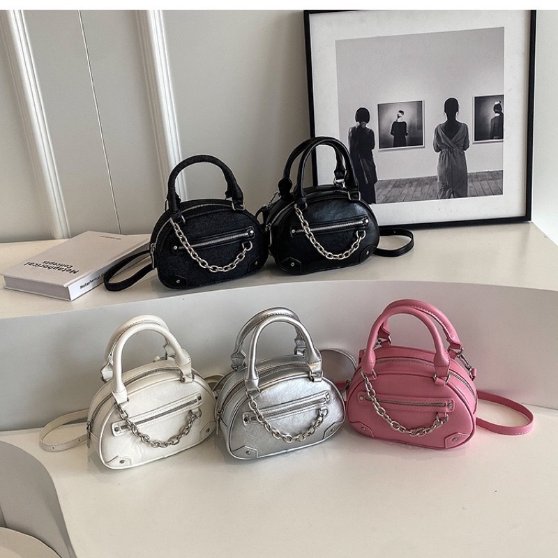 Túi xách nữ đeo chéo 2 quai bầu tròn phối xích bạc da nhăn mềm mại thời trang Eva Bag