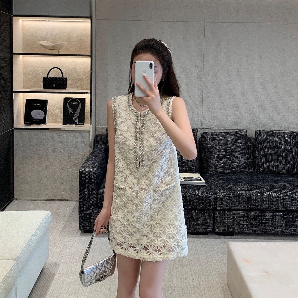 Đầm Chữ a Sát Nách Màu Trắng Đính Ngọc Trai Phong Cách Pháp Thời Trang Cao Cấp Cho Nữ