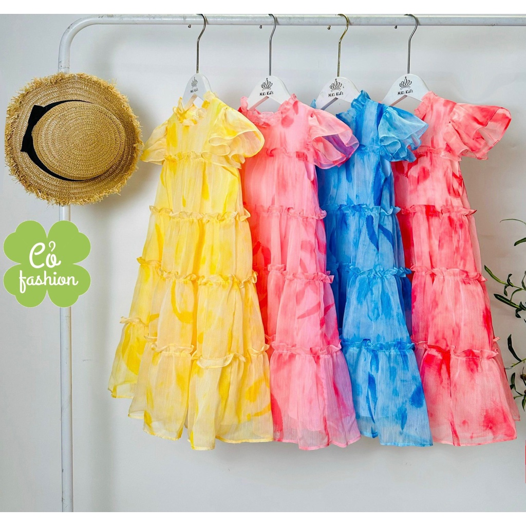 Váy tơ cho bé gái loang màu cổ thắt nơ siêu nhẹ siêu xinh Cỏ fashion