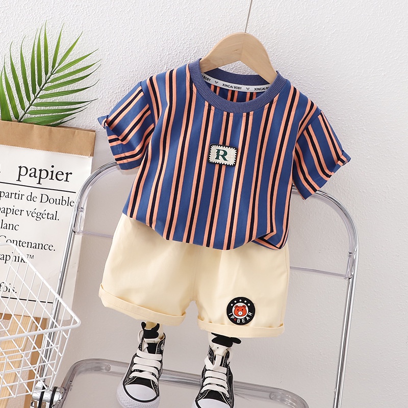 Dễ Thương Bộ Áo Thun Ngắn Tay Kẻ Sọc + Quần short Thời Trang Mùa Hè Cho Bé