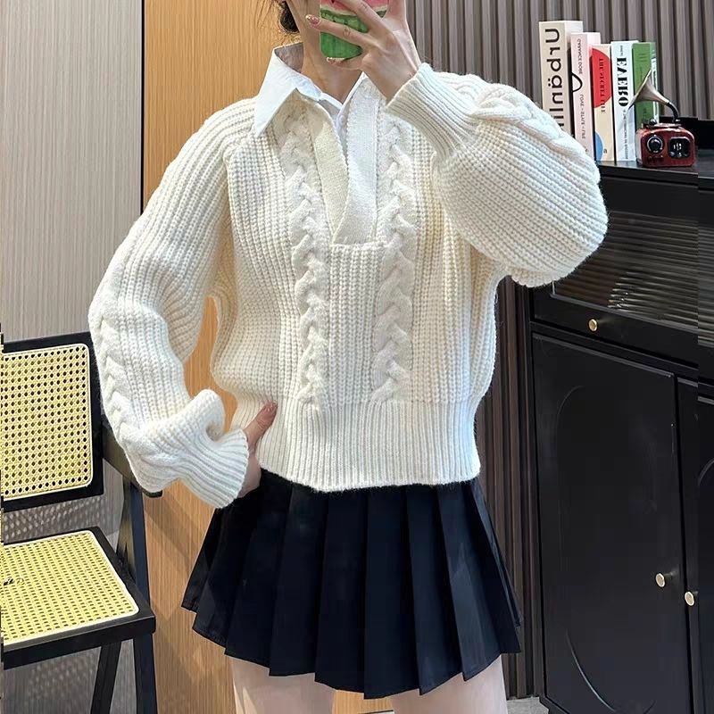 Áo sweater Giả Hai Lớp Cổ polo Dáng Ôm Phong Cách Thời Trang Pháp