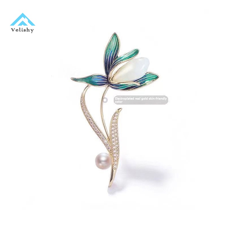 Velishy Trâm Cài Áo Hình Hoa Mộc Lan Đính Ngọc Trai Giả Cao Cấp Thời Trang Thu Đông