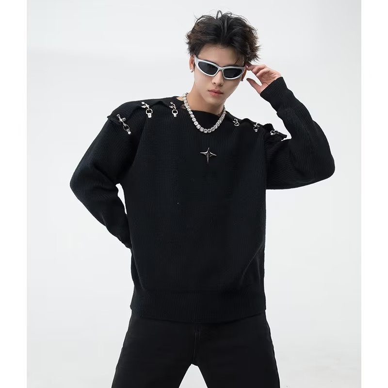 Áo sweater Dệt Kim Tay Dài Phối Khóa Kim Loại Thời Trang Thu Đông Cho Nam