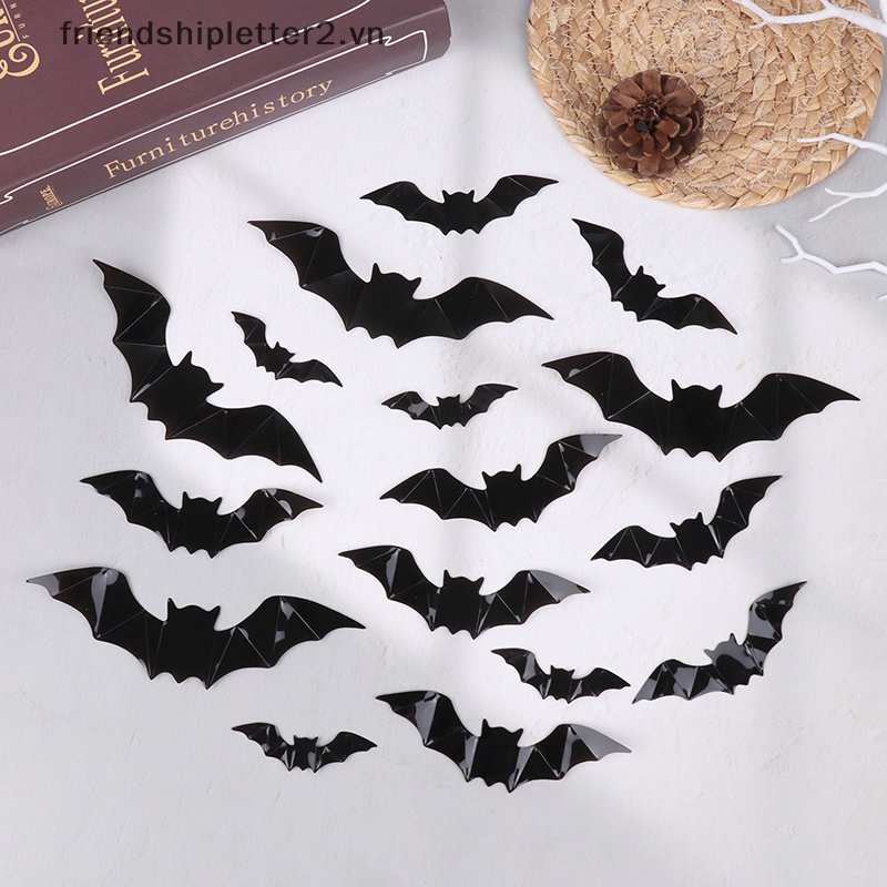 Set 16 Miếng Dán Tường Hình Dơi 3d Màu Đen Trang Trí halloween