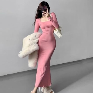 COZOK Đầm Tay Dài Dáng Ôm Màu Trơn Thời Trang Dành Cho Nữ