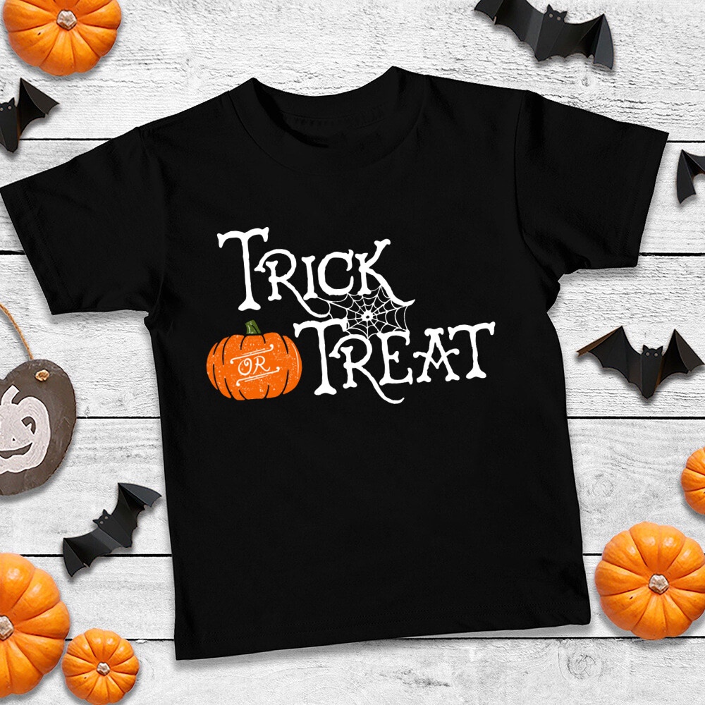 Halloween Trick or Treat Áo thun ngắn tay màu đen bé trai và bé gái Thời trang Halloween hàng đầu
