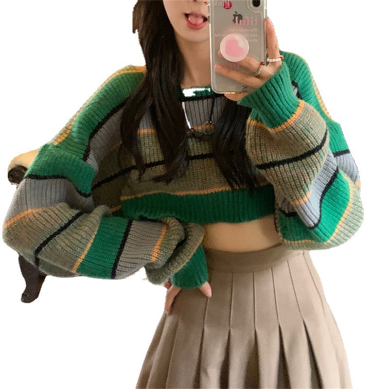 Mới Áo sweater Dệt Kim Chui Đầu Họa Tiết Kẻ Sọc Màu Tương Phản Phong Cách Âu Mỹ Thời Trang Mùa Thu Cho Nữ