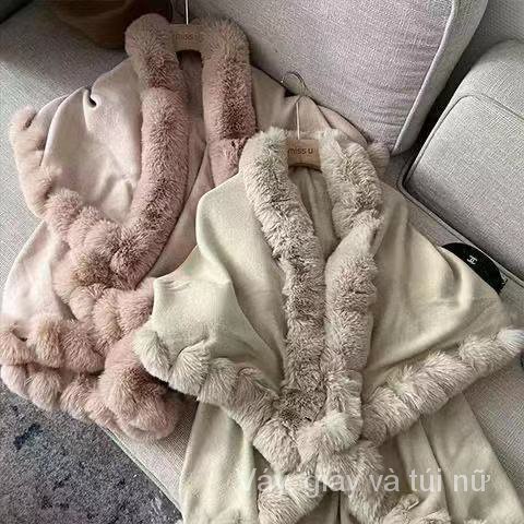 Áo Choàng Dệt Kim Phối Lông Thời Trang Thu Đông Cho Nữ