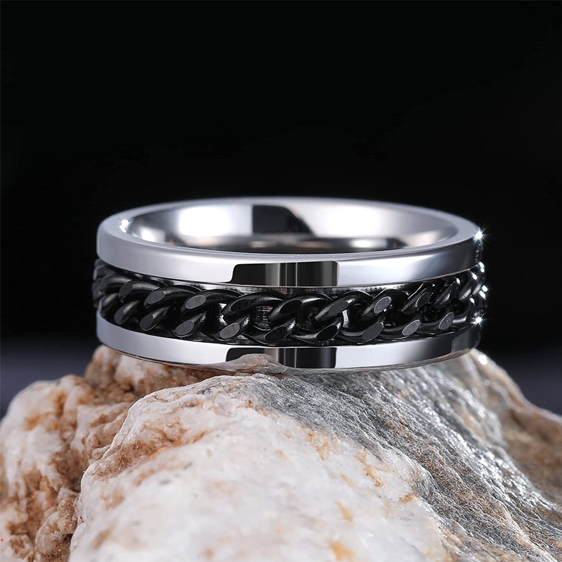 Nhẫn Inox Mạ Titan Phối Dây Xích Xoay Được Cá Tính Cho Nam