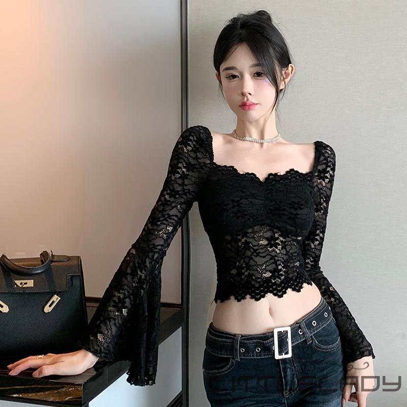 Áo Croptop Ren Hoa Tay Dài Cổ Vuông Thời Trang Cho Nữ