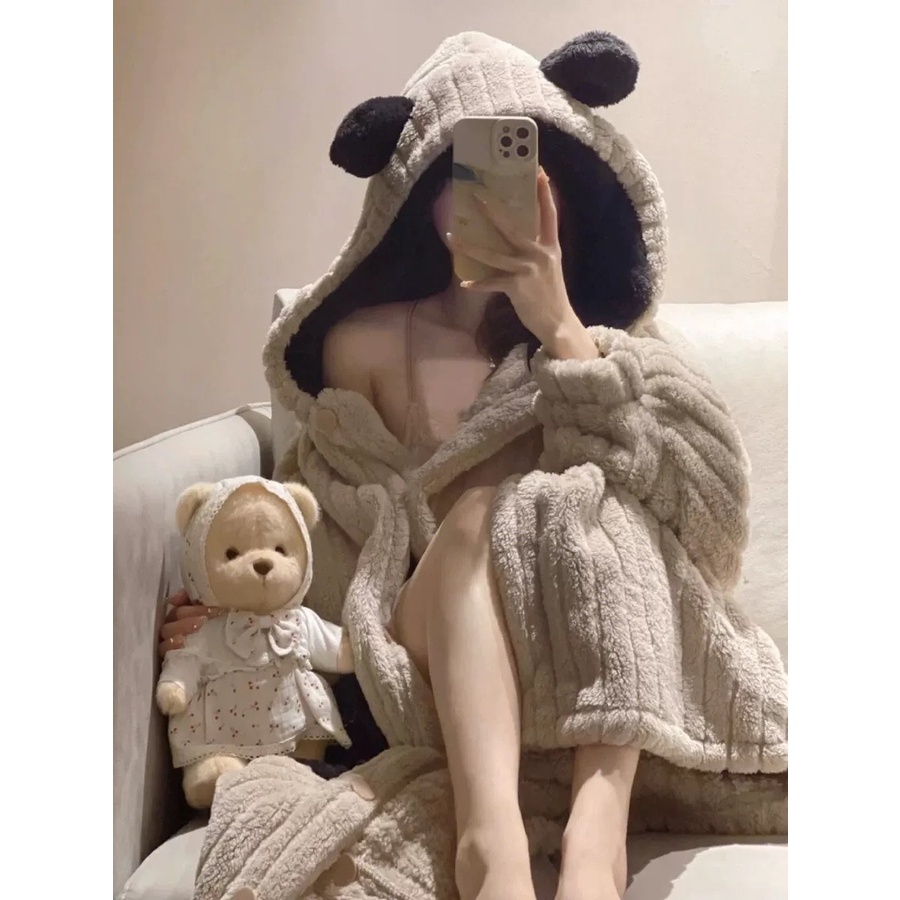 Áo Choàng Ngủ Dáng Dài Bằng Vải Lông Cừu San Hô Có Mũ Trùm Thời Trang Thu Đông Cho Nữ