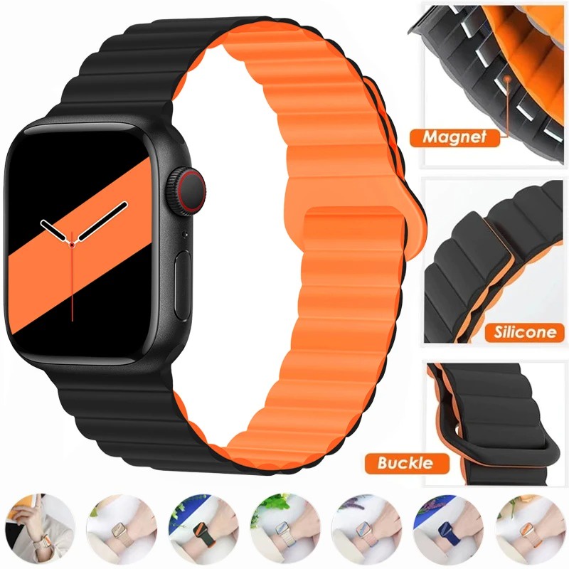 Dây Đeo silicone Từ Tính Hai Màu Cho Đồng Hồ Thông Minh iwatch series 4 / 5 / 6 / se / 7 / 8 / 9 / ultra 49mm 45mm 41mm 44mm 40mm 42mm 38mm