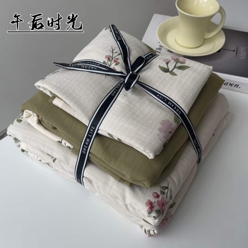Bộ chăn ga gối 4 món cotton đũi vintage - vỏ chăn có khoá kéo lồng ruột
