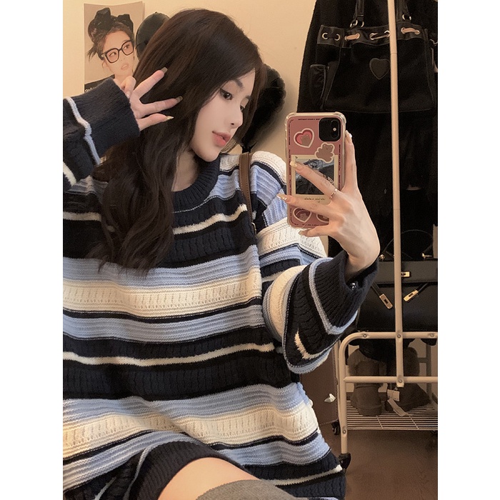 Áo Len Sáp Mềm Họa Tiết Kẻ Sọc Thời Trang Thu Đông Phong Cách retro Cho Nữ