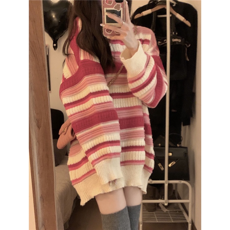 Áo Len Sáp Mềm Họa Tiết Kẻ Sọc Thời Trang Thu Đông Phong Cách retro Cho Nữ