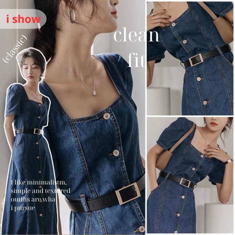 Váy Jean Dài Denim Qua Gối, Đầm Jean Dài Tay Phồng
