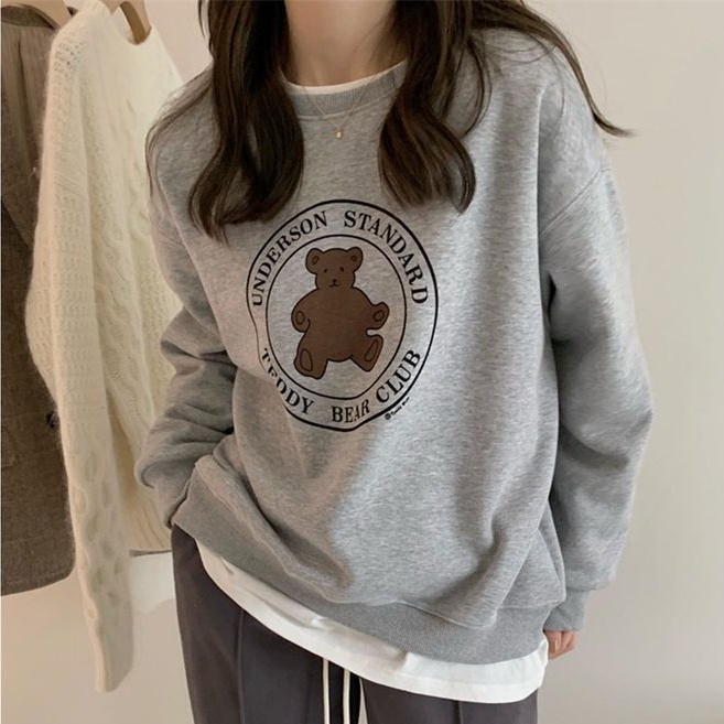 Áo sweater Tay Dài Dáng Rộng In Hình Gấu Dễ Thương Thời Trang Thu Đông Cho Nữ