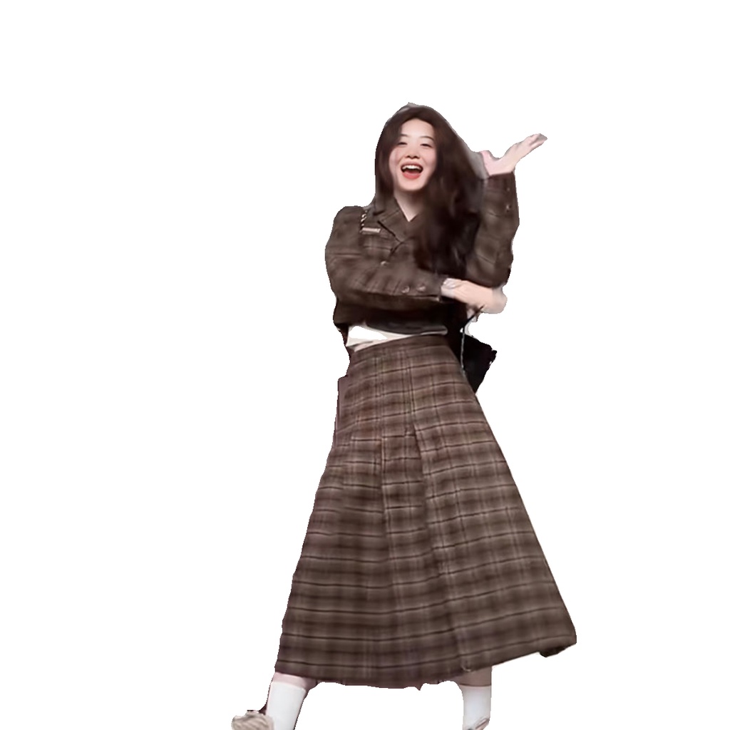 Bộ Áo Khoác Vest + Chân Váy Xếp Ly Sọc Ca Rô Thời Trang retro Thanh Lịch Cho Nữ