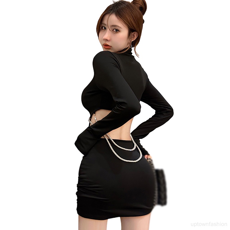 Đầm Ôm Cổ Cao Tay Dài Màu Trơn Thời Trang Xuân Thu Dành Cho Nữ Màu Sắc