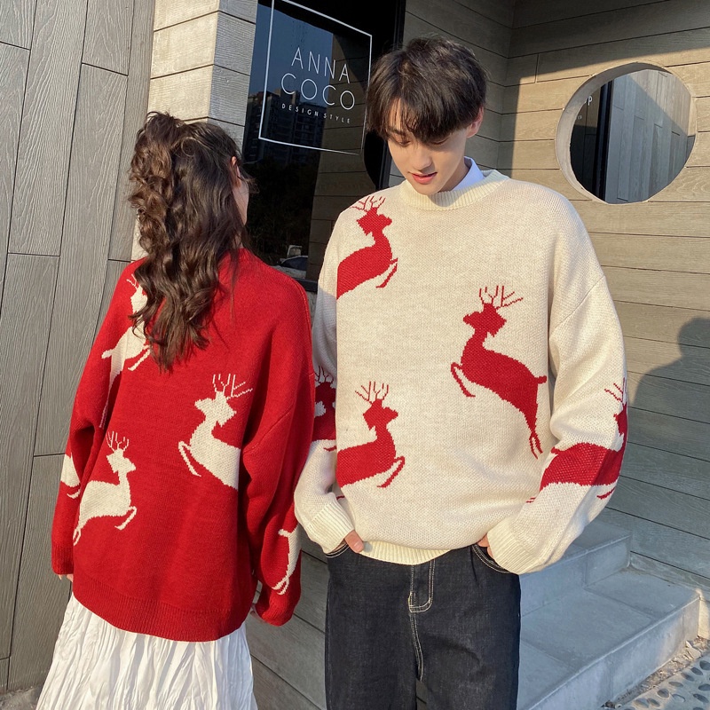 Áo Sweater Len Nam Form Rộng Giáng Sinh In Hình Tuần Lộc Thời Trang Mùa Đông Phong Cách Năm Mới Cho Cặp Đôi