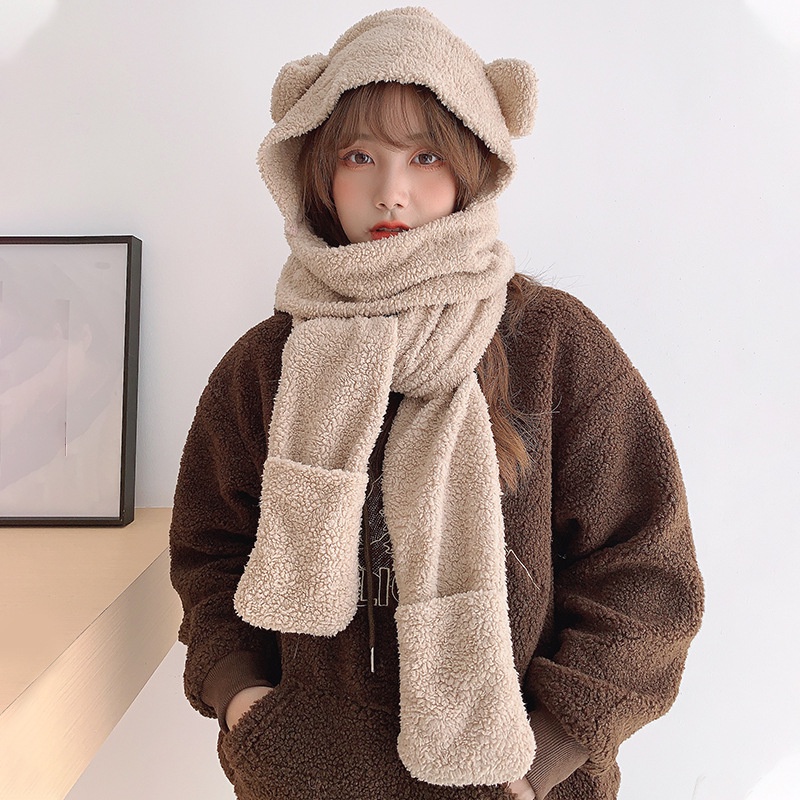 Dễ Thương Mũ Beanie Kèm Khăn Choàng Cổ Hình Gấu Đáng Yêu Cho Nữ