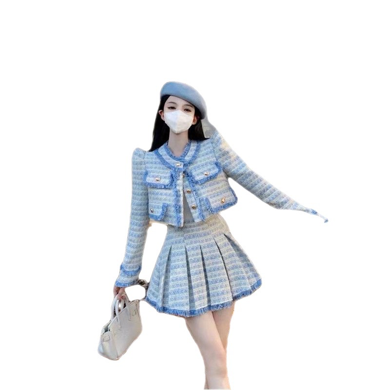 Bộ Áo Khoác + Chân Váy Xếp Ly Lưng Cao Phối Màu Tương Phản Thời Trang Thu Đông Phong Cách Phương Tây