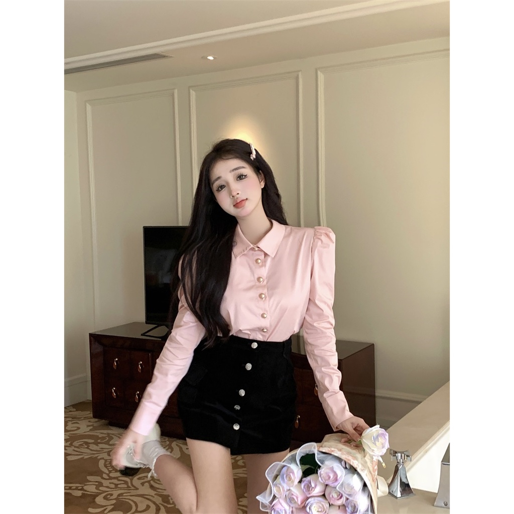 Áo Sơ Mi Tay Dài Phồng Màu Hồng Phong Cách Pháp Thời Trang Mùa Thu Cho Nữ