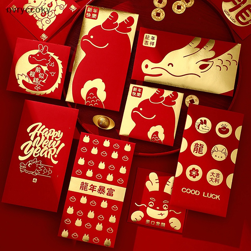 Set 6 Bao Lì Xì Hình Rồng Năm Mới 2024 Màu Đỏ May Mắn
