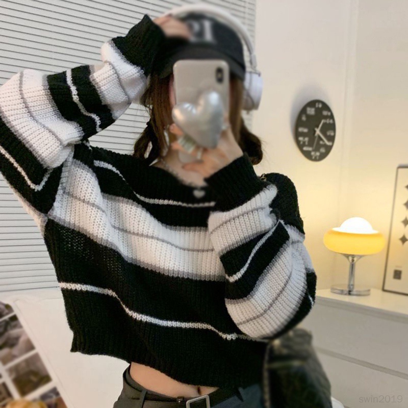 Áo Croptop Dệt Kim Tay Dài Trễ Vai Hoạ Tiết Kẻ Sọc Thời Trang Mùa Thu Cho Phái Nữ
