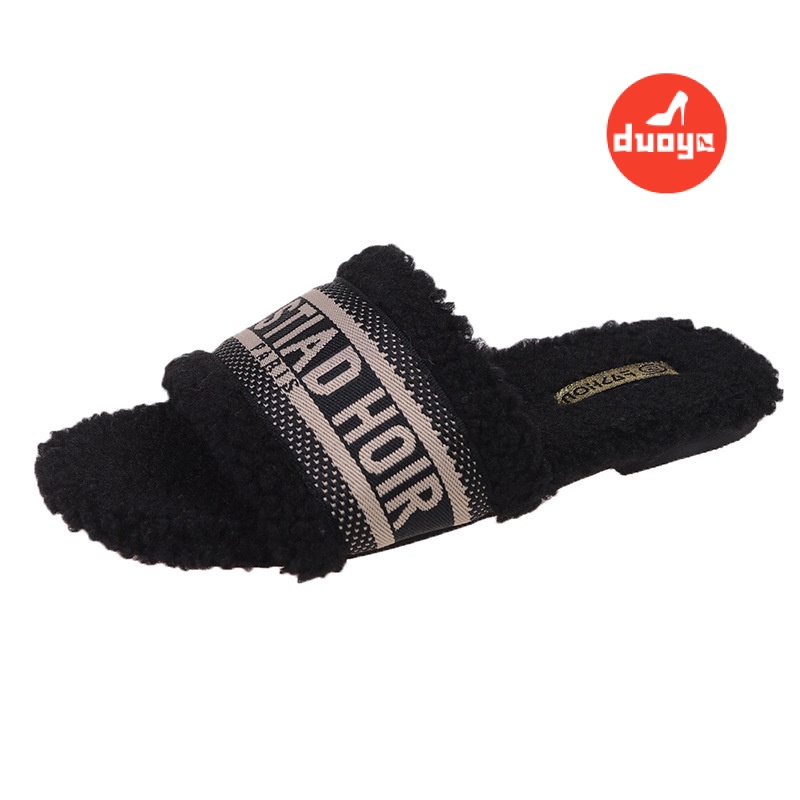 Duooya Dép Bông Thẳng ~  Dép Bít Mũi Thêu Chữ Phong Cách Hàn Quốc Thời Trang Thu Đông Ấm Áp Cho Nữ Miễn Phí Vận Chuyển