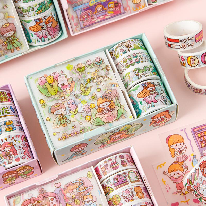 Hộp 8 món băng keo dính Washi tape + sticker dán trang trí sổ lưu niệm DIY hoa tiết hoạt hình cute HB